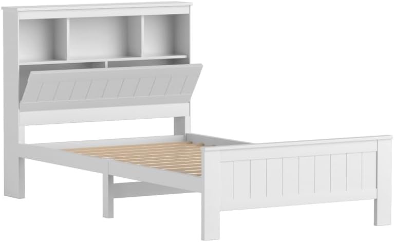 Artiss Single Bed Frame Platform Wooden Timber Frames with Bookshelf Beds Base Bedroom Room Decor Home Furniture White for Kids, Toddler and Adult, Modern Design