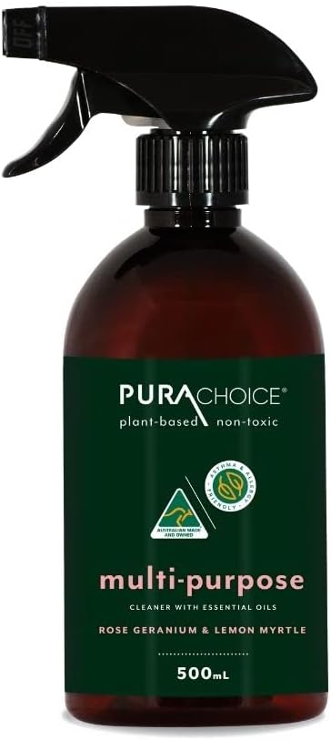 PURA CHOICE® Safe & Natural, Asthma & Allergy Friendly Streak Free Multi-Purpose Cleaner with Rose Geranium & Lemon Myrtle Premium Pure Essential Oil. Includes: 1 x 500mL plus 1 x 100mL Concentrate = 1L of Multi-Purpose Cleaner