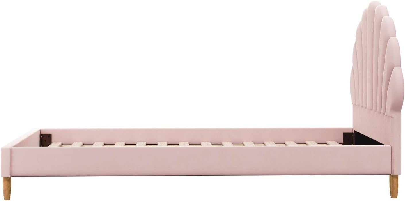 Oikiture Bed Frame Single with Scallop-Shape BedHead Pink Velvet Single Bed