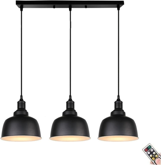 KEFA Modern Minimalist Battery Operated Pendant Light, Black Wireless Adjustable Pendant Lighting with Remote & Blub, No Wiring Ceiling Hanging Light for Kitchen Island Dining Table Living Room Barn C