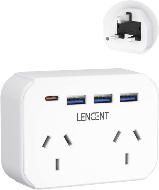 LENCENT UK Travel Plug Adapter, Type-G Power Plug with 2 Outlets & USB-C Charger, for AU/NZ to Singapore, Ireland, London, Hong Kong, Cruise Ship Approved