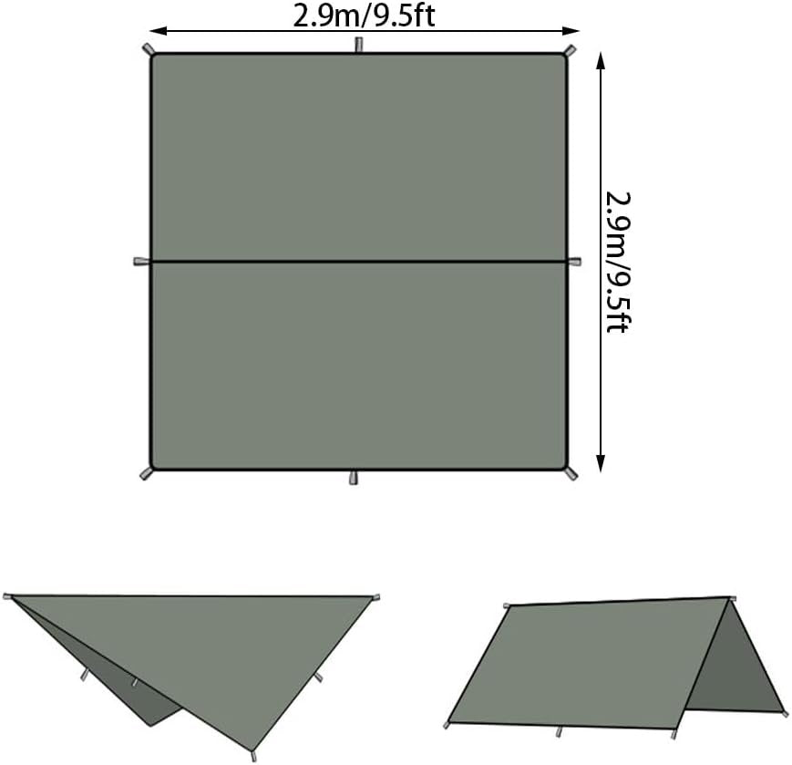 1Pcs 9.5ft*9.5ft Waterproof Tent Tarp Uv Protection with Pouch and Ultralight Hammock Tarps Waterproof Lightweight Camping Gear Haves for Outdoor Backpacking Survival Shelter (Army Green, 2.9m*2.9m)