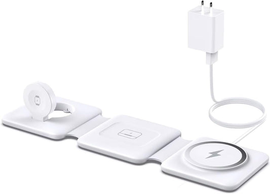Charging Station for Apple Multiple Devices: 3 in 1 Foldable Magnetic Wireless Charger Stand for Mag-Safe iPhone - Travel Charging Dock for iPhone 16 15 14 13 12 Pro Max Plus & Apple Watch & Airpods