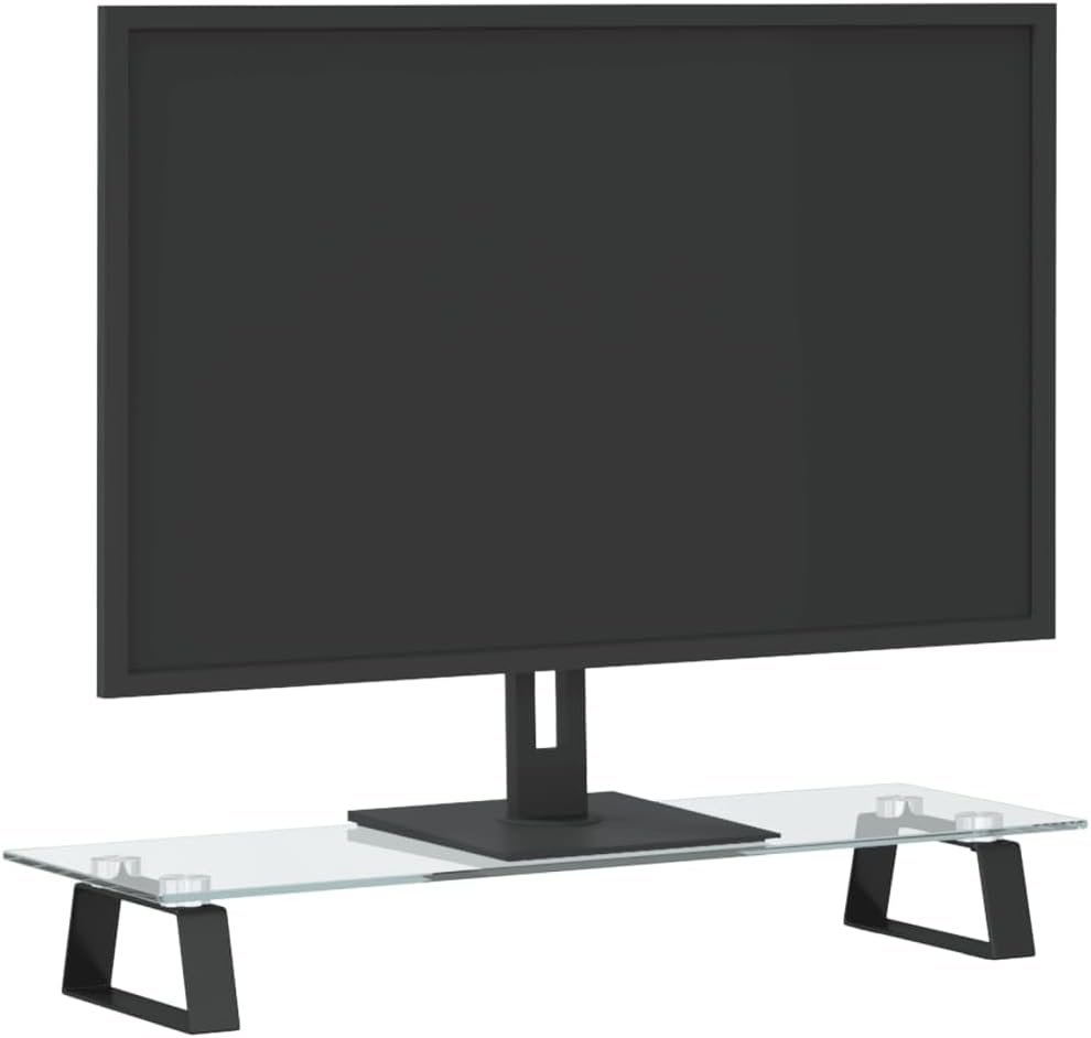 Monitor Stand Black 60x20x8 cm Tempered Glass and Metal | Ergonomic Design with Additional Storage | Durable Clear Glass and Metal Construction | Supports 20 kg | Modern Minimalist Aesthetic
