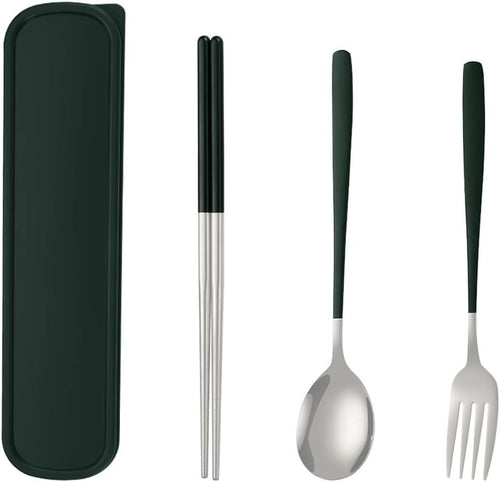 Travel Utensils with Case, Portable Lunch Box Utensils Set for 3 Reusable Cutlery Camping Travel Silverware Set with Case Green Flatware Set with Chposticks Spoon Fork Stainless Steel