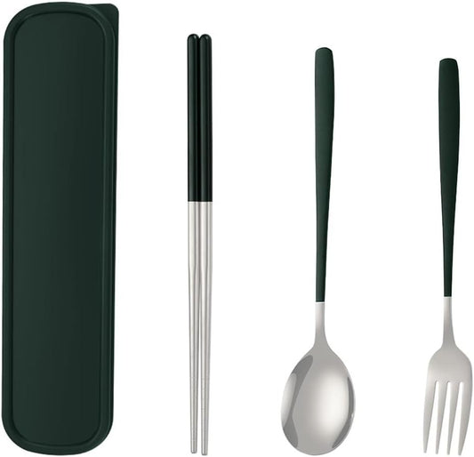 Travel Utensils with Case, Portable Lunch Box Utensils Set for 3 Reusable Cutlery Camping Travel Silverware Set with Case Green Flatware Set with Chposticks Spoon Fork Stainless Steel