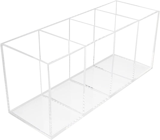 QPEY Acrylic Pen Holder 4 Compartments,Clear Pen Holder Organizer Makeup Brush Holder for Office Desk Accessories,Cosmetic Brush Storage Box,Dorm,Bathroom,Kitchen (Clear)