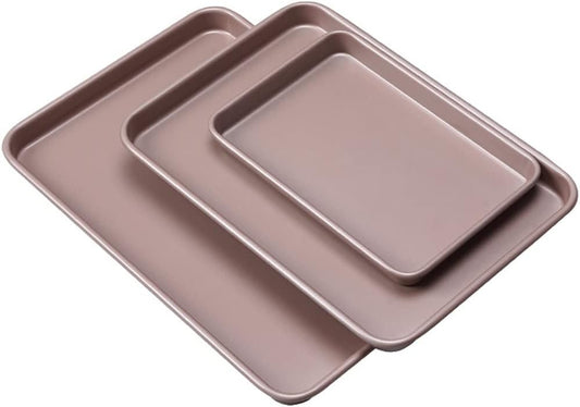 Nonstick Bakeware Set Cookie Pan Sheet Baking Tray Set, 3 Piece Easy Clean Dishwasher Safe Non-Stick Bakeware Sheet for Oven - Thick Heavy Duty Carbon Steel (3 Pack) (Gold)