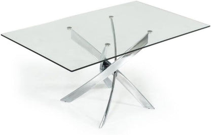 Take Me Home Furniture Solei Modern Rectangular Dining Table | Clear Tempered Glass Table Top - Stainless Steel Trestle Base | Glam Overlapping Legs, Dining Room Table Furniture, Easy Assembly