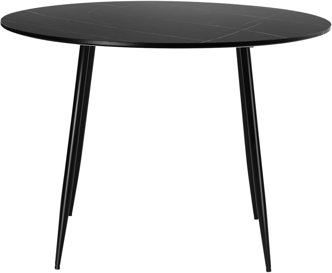 Oikiture 110cm Round Dining Table with Marble Table Top and Metal Legs Black