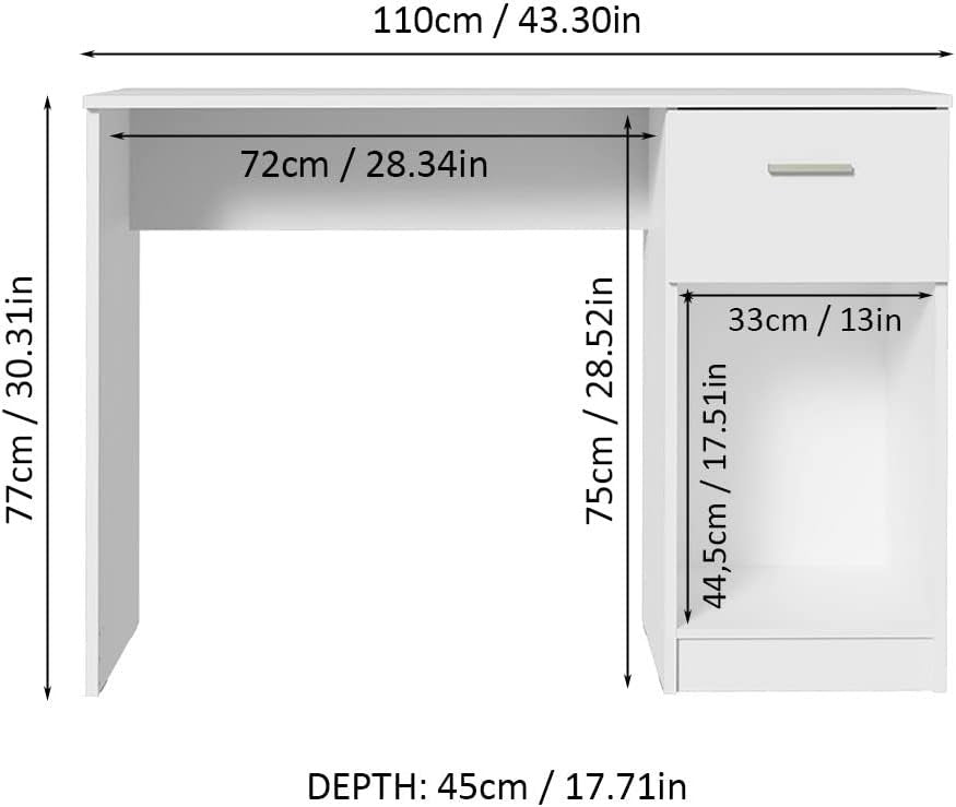 Madesa Compact Computer Desk Study Table for Small Spaces Home Office 43 Inch Student Laptop PC Writing Desks with Storage and Drawer, Modern Ergonomic Gaming Workstation - White