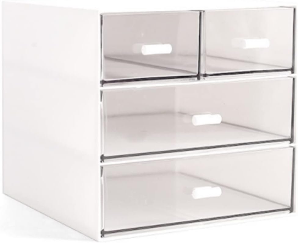 FAMULEI Desk Storage, Makeup Storage Box With 4 Drawers, Cosmetic Storage Organizer, Plastic Office Stationery Supplies Organizers, Desktop Organizer for Office School Home And Bathroom (White)