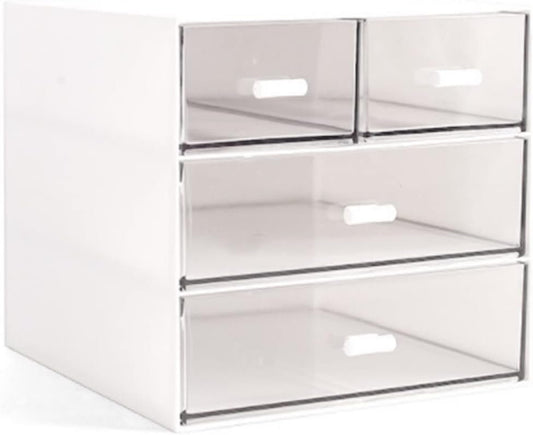 FAMULEI Desk Storage, Makeup Storage Box With 4 Drawers, Cosmetic Storage Organizer, Plastic Office Stationery Supplies Organizers, Desktop Organizer for Office School Home And Bathroom (White)
