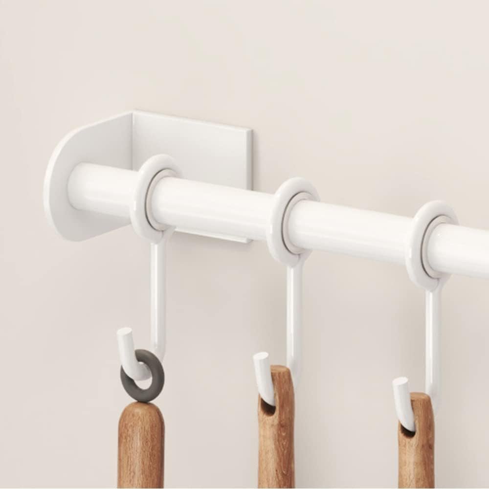 Celbon Kitchen Utensils Hanger Bar 40 cm Self-Adhesive White Aluminium Kitchen Utensils Holder with 5 Hooks Movable Wall Rail Kitchen for Kitchen Bathroom Gadgets Pans Cups Umbrella