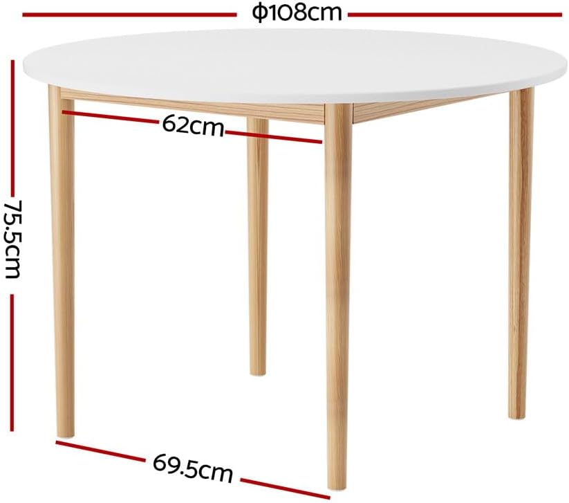 Artiss Dining Table, 108cm Round White Coffee Tables Side Wooden Buffet Desk Lounge Desks Home Living Room Bedroom Kitchen Office Cafe Restaurant Furniture, 4 Seater Pine Wood Legs