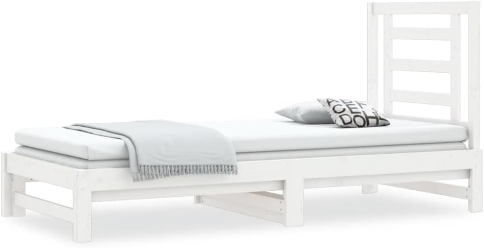 FIRBNUS White Pull-Out Bed Frame 2 x (90 x 200 cm) Solid Pine Wood Single Bed Furniture with Pull-Out Bed Double Bed Wooden Bed Frame with Pull-Out Bed