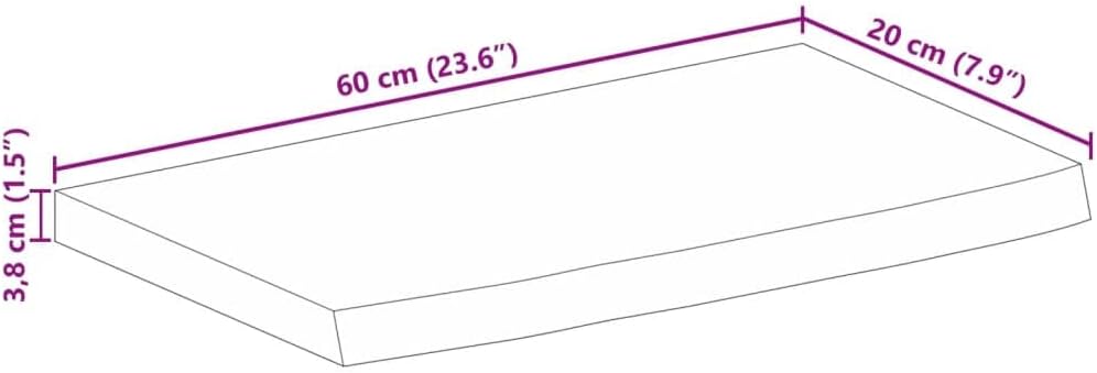 Natural Edge Solid Mango Wood Table Top 60 x 20 x 3,8 cm, Desk and Dining Table Board, Rustic Furniture Surface, Perfect for Home Decor - 370464