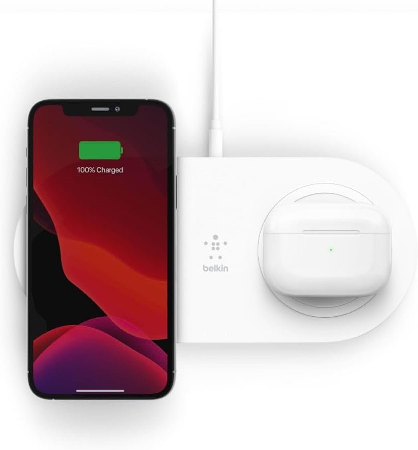 Belkin Dual Wireless Charger (Dual Wireless Charging Pad 15W) Fast Charge 2 Devices at Once, Including iPhone, AirPods, Galaxy, Pixel, More, White