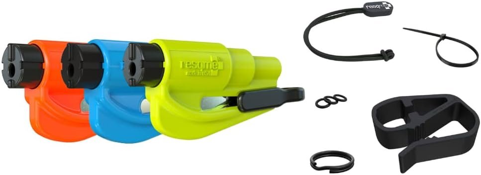 Resqme Family Pack of 3 with Accessories, The Original Emergency Keychain Car Escape Tool, 2-in-1 Seatbelt Cutter and Window Breaker, Made in USA, Blue, Orange, Yellow