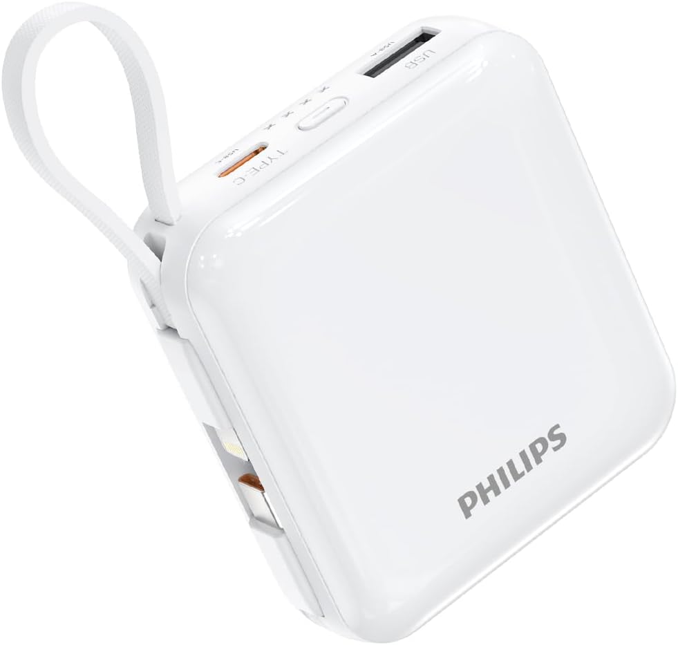 PHILIPS 22.5W Power Bank 2 in 1 | 10000mAh Laptop Portable Charger with Built-in USB-C USB-L Cable, PD Fast Charging Battery Pack for MacBook iPad iPhone 16 15 14 13 12 Samsung S25 S24