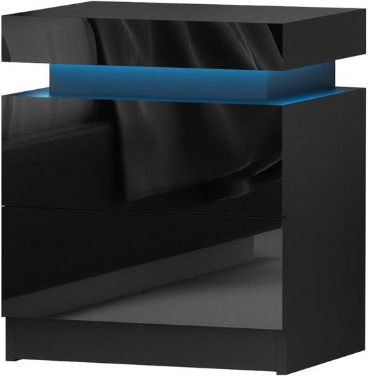 Artiss Bedside Table RGB LED Black High Gloss with 2 Drawers and Lift Up Storage Nightstand, Bedroom Furniture, Bed End Side Cabinet Narrow Space Organiser Unit Living Room Home