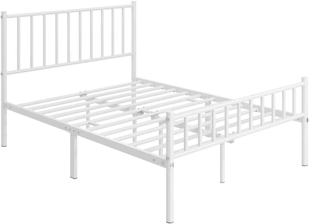 FullFurnique Metal Full Bed Frame, White Platform Bed Frame with Iron-Art Headboard and Footboard, Under Bed Storage, No Box Spring Needed, Steel Slat Support