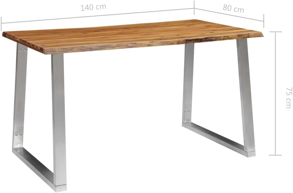 vidaXL Industrial Dining Table - Brown Solid Acacia Wood Top with Stainless Steel Legs - Rectangular Kitchen Table with Live Edge