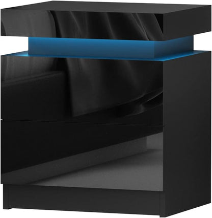 Artiss Bedside Table RGB LED Black High Gloss with 2 Drawers and Lift Up Storage Nightstand, Bedroom Furniture, Bed End Side Cabinet Narrow Space Organiser Unit Living Room Home