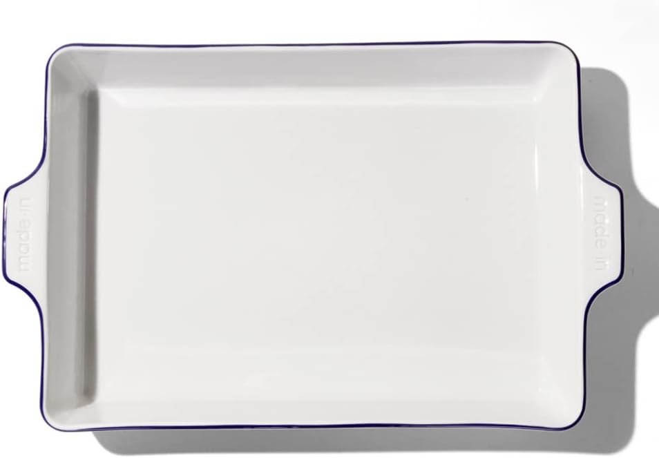 Made In Cookware - Rectangular Baking Dish - Navy Rim - Hand Crafted Porcelain - Professional Bakeware - Made in France