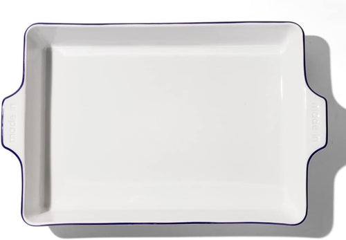 Made In Cookware - Rectangular Baking Dish - Navy Rim - Hand Crafted Porcelain - Professional Bakeware - Made in France