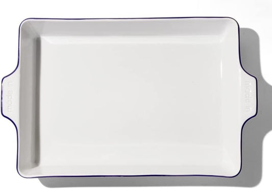 Made In Cookware - Rectangular Baking Dish - Navy Rim - Hand Crafted Porcelain - Professional Bakeware - Made in France
