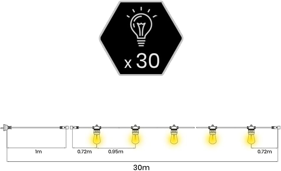 Groverdi LED Festoon Lights, 30M 30 Bulbs Christmas String Lights Outdoor Waterproof IP65 Strip Hanging Bulbs for Wedding Party Garden Easter S14 1W LED Bulb Kit