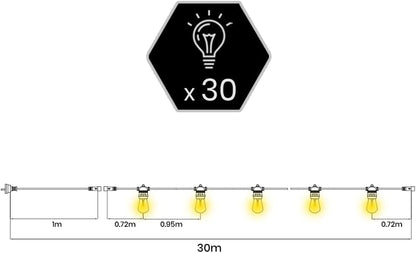Groverdi LED Festoon Lights, 30M 30 Bulbs Christmas String Lights Outdoor Waterproof IP65 Strip Hanging Bulbs for Wedding Party Garden Easter S14 1W LED Bulb Kit