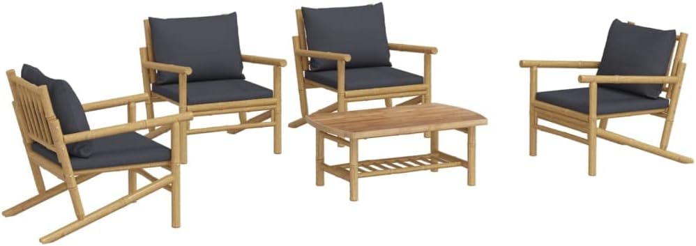 Homgoday Set Salotto da Giardino 5pz con Cuscini Grigio Scuro bambù, Salotto da Giardino Salottino, Lettini Prendisole, Divano Letto Mobili, Lettini da Giardino per Terrazzo Esterno Piscina Balcone