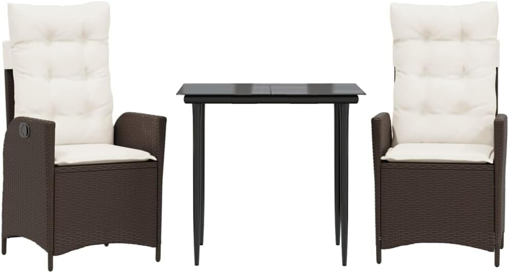 vidaXL 3-Piece Garden Dining Set with Cushions - Brown Poly Rattan Reclining Chairs & Tempered Glass Table for Outdoor Patio/Garden/Backyard