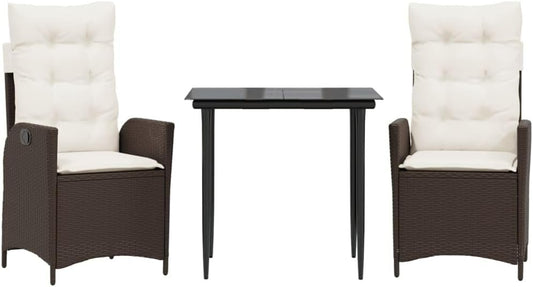 vidaXL 3-Piece Garden Dining Set with Cushions - Brown Poly Rattan Reclining Chairs & Tempered Glass Table for Outdoor Patio/Garden/Backyard