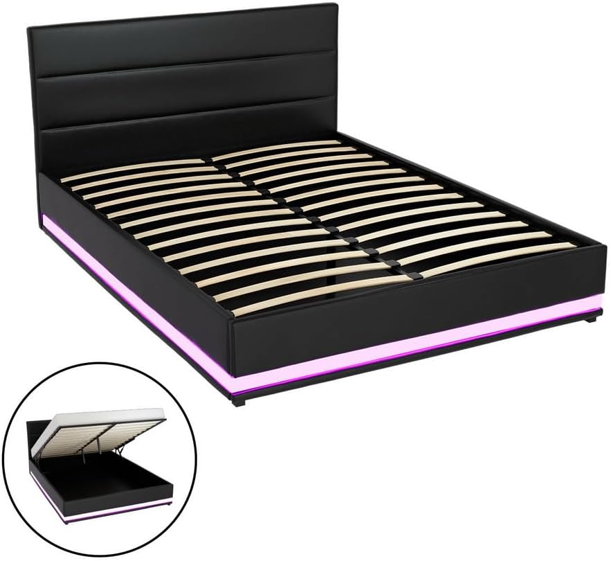 Artiss Queen Bed Frame Platform Headboard RGB LED Gas Lift Beds Base with Storage Space Frames Bedroom Room Decor Home Furniture, Upholstered with Black PVC Leather + Foam + Wood