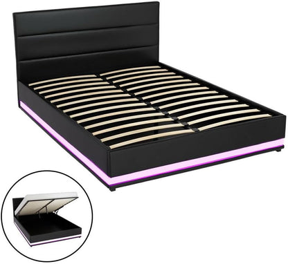 Artiss Queen Bed Frame Platform Headboard RGB LED Gas Lift Beds Base with Storage Space Frames Bedroom Room Decor Home Furniture, Upholstered with Black PVC Leather + Foam + Wood