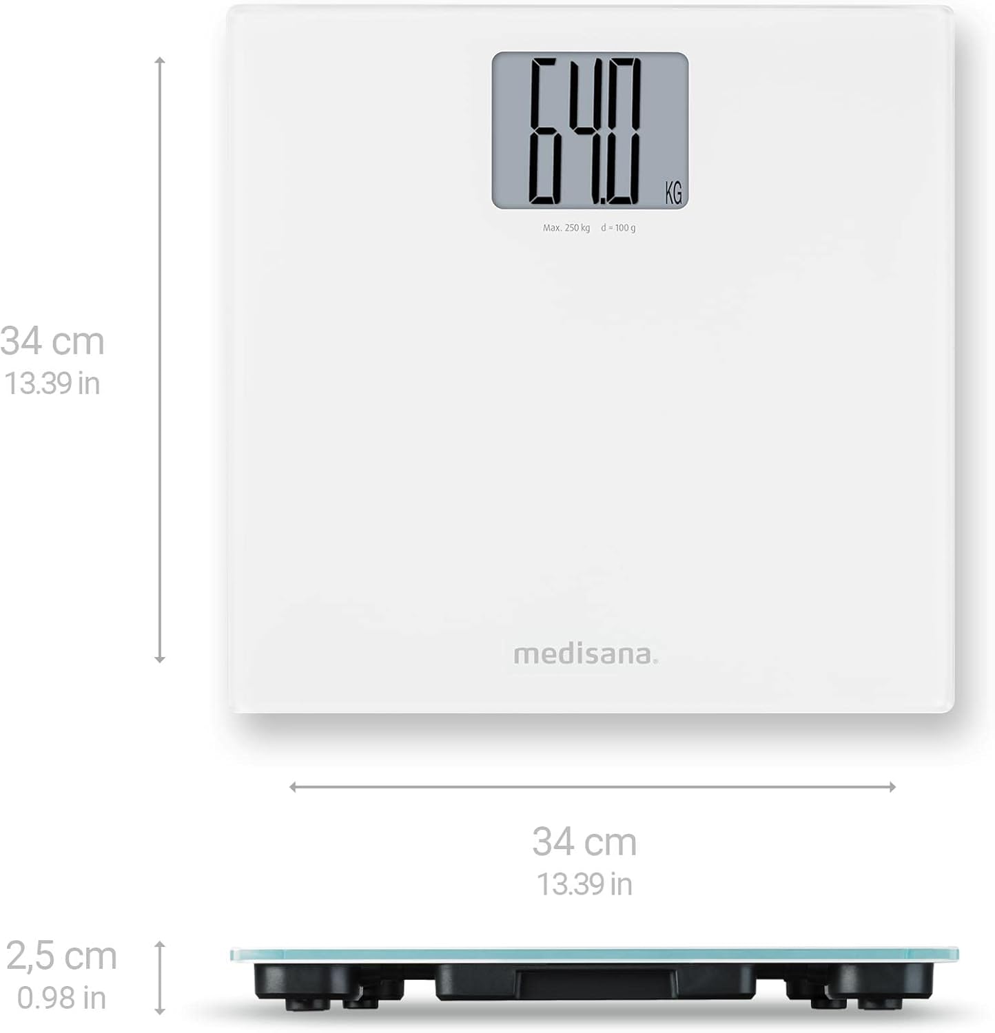 medisana PS 470 Digital XL Personal Scale up to 250 kg / 551 lbs Bathroom Scales Made of Tempered Safety Glass and Automatic Switch-Off