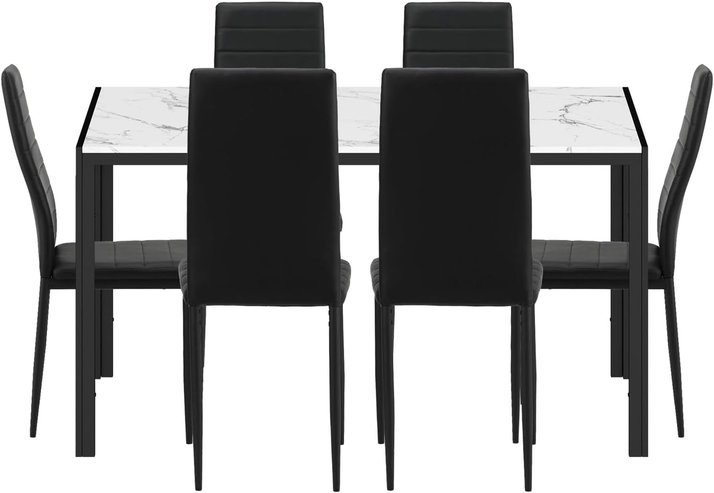 Oikiture Dining Table with Dining Chairs for Set 6PCS 140cm Rectangle Marble Table Top White&Black for Home Kitchen or Dining Room