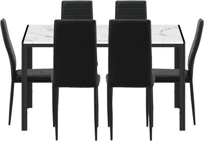 Oikiture Dining Table with Dining Chairs for Set 6PCS 140cm Rectangle Marble Table Top White&Black for Home Kitchen or Dining Room