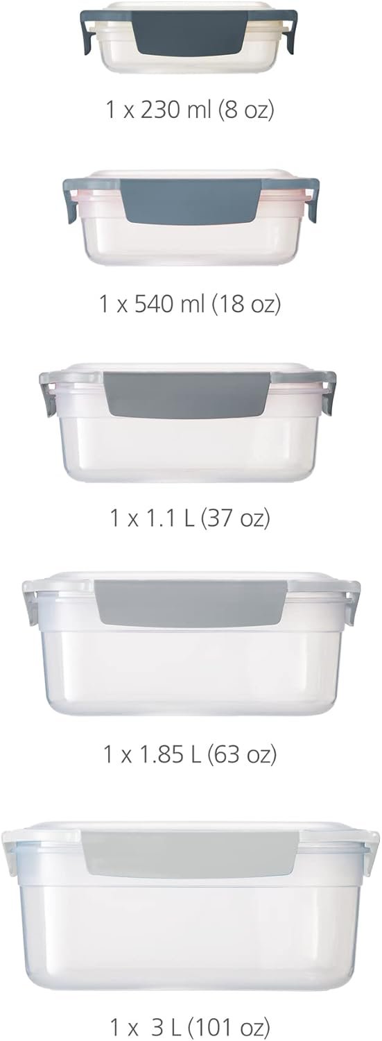 Joseph Joseph Nest Lock, 5 Piece Plastic Food Kitchen Storage Container set with lids, Leak Proof, Airtight, Space Saving, BPA free- Blue