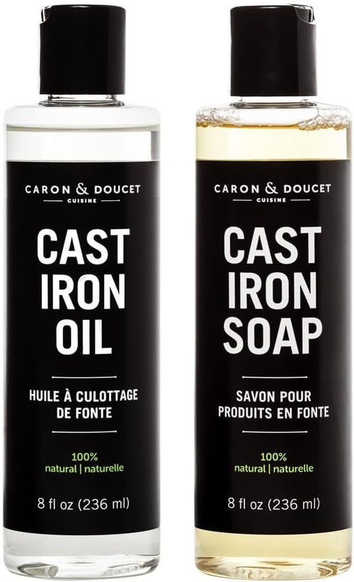 Caron & Doucet - Cast Iron Cleaning & Conditioning Set: Seasoning Oil & Cleaning Soap | 100% Plant-Based | Best for Cleaning, Washing, Restoring & Seasoning Cast Iron Skillets, Pans & Grills! 8oz Each