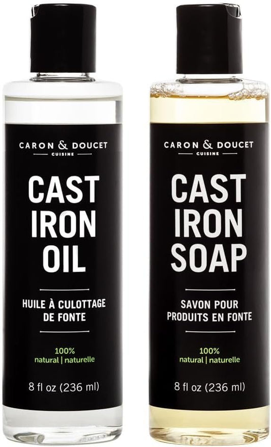 Caron & Doucet - Cast Iron Cleaning & Conditioning Set: Seasoning Oil & Cleaning Soap | 100% Plant-Based | Best for Cleaning, Washing, Restoring & Seasoning Cast Iron Skillets, Pans & Grills! 8oz Each