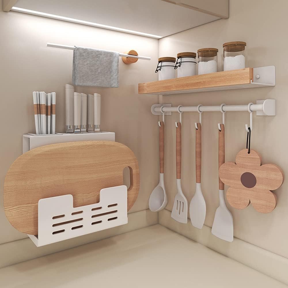 Celbon Kitchen Utensils Hanger Bar 40 cm Self-Adhesive White Aluminium Kitchen Utensils Holder with 5 Hooks Movable Wall Rail Kitchen for Kitchen Bathroom Gadgets Pans Cups Umbrella