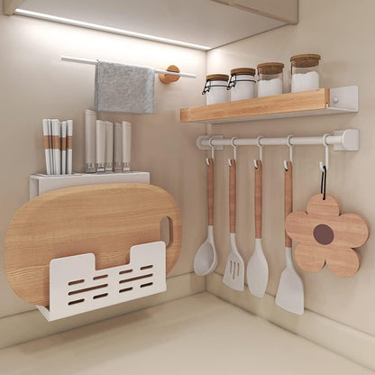 Celbon Kitchen Utensils Hanger Bar 40 cm Self-Adhesive White Aluminium Kitchen Utensils Holder with 5 Hooks Movable Wall Rail Kitchen for Kitchen Bathroom Gadgets Pans Cups Umbrella