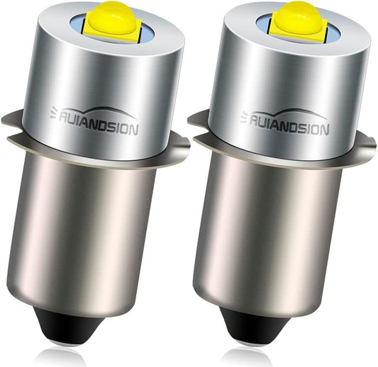Ruiandsion Upgrade LED Flashlight Bulb P13.5S 6-24V LED Bulb 6V 9V 12V 18V 19.2V Replacement for Ryobi Milwaukee DEWALT Lamp Torch Lantern Work Light Maglit Bulbs, Non-Polarity (Pack of 2)