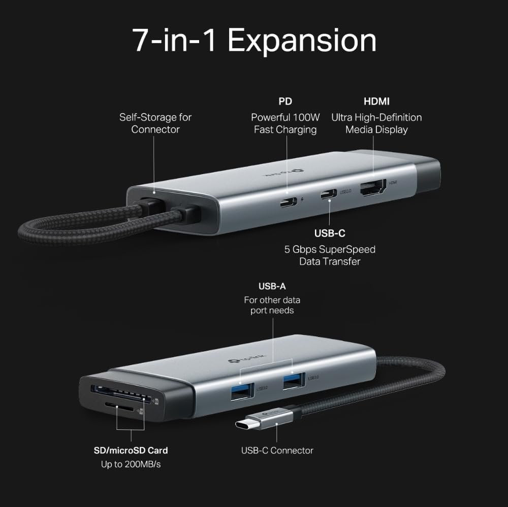 TP-Link 7-Port USB-C Hub (UH7020C): 4K HDMI, 100W PD Charging, 5Gbps Data, Dual SD/microSD Slots, Aluminum Case, Plug & Play for Windows, Mac, iPad, Android, Nintendo.