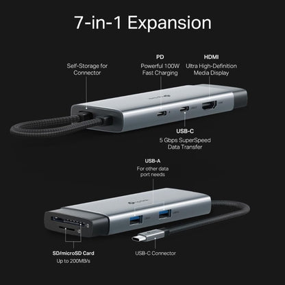 TP-Link 7-Port USB-C Hub (UH7020C): 4K HDMI, 100W PD Charging, 5Gbps Data, Dual SD/microSD Slots, Aluminum Case, Plug & Play for Windows, Mac, iPad, Android, Nintendo.