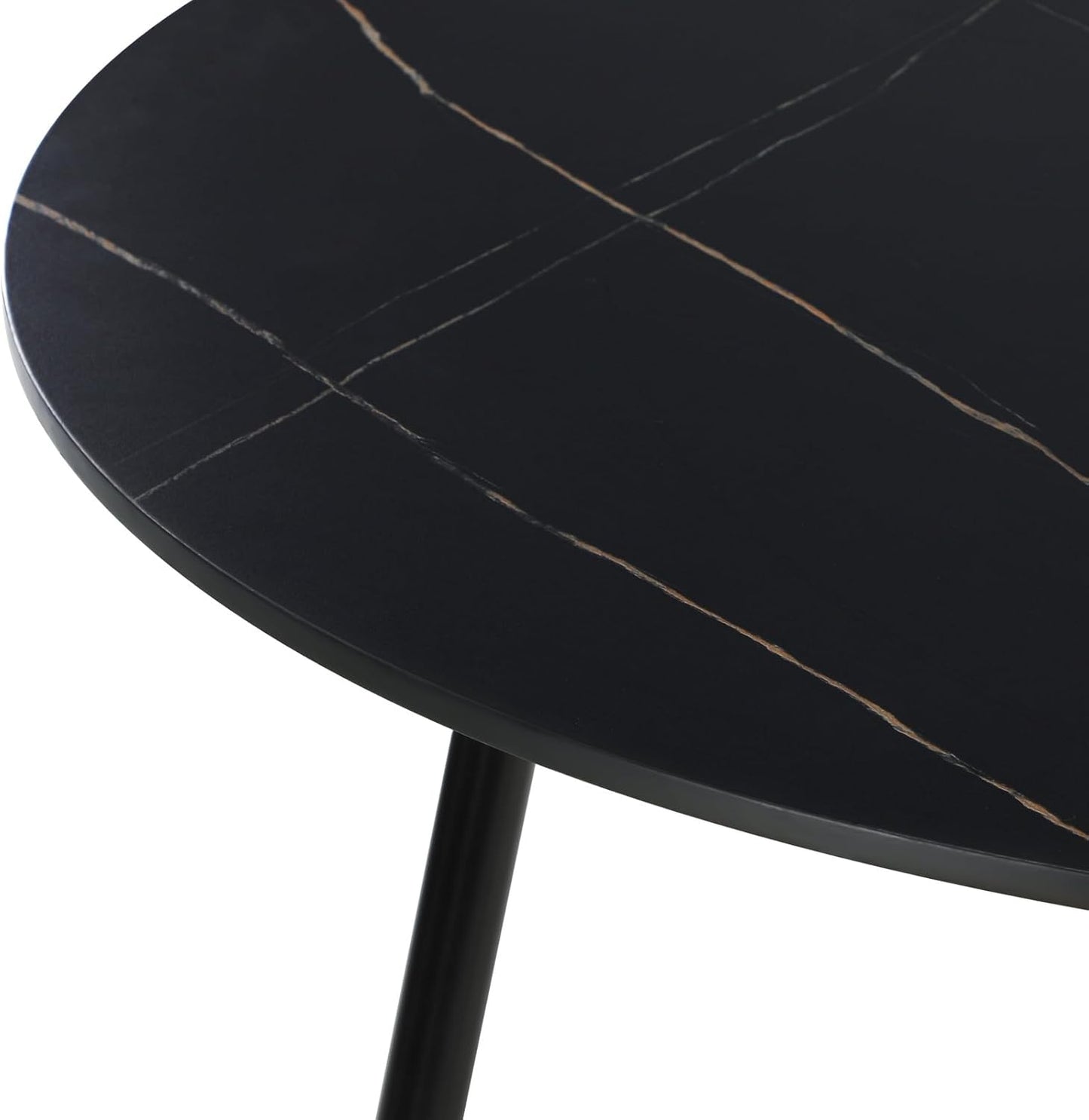 Oikiture 110cm Round Dining Table with Marble Table Top and Metal Legs Black